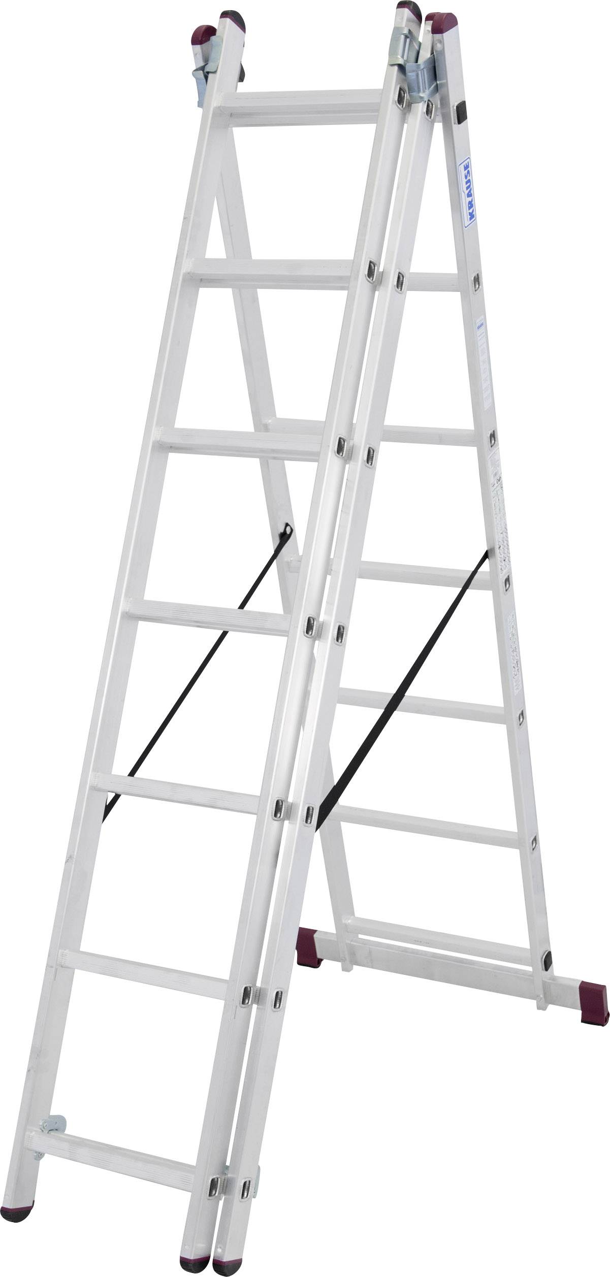 En vit, tredelad vikbar stege står vertikalt. Den har breda steg och halksäkra fötter för stabilitet.