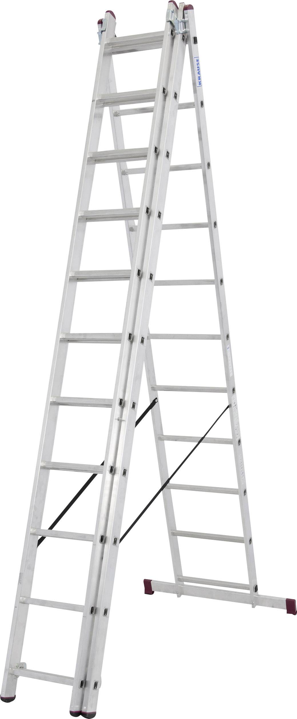 En ihopfälld aluminiumstege som står brett på ena sidan, som smalnar av mot toppen vid taknocken.