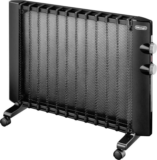 En svart elektrisk radiator med hjul och två reglage på sidan, lämplig för uppvärmning av inomhusutrymmen.