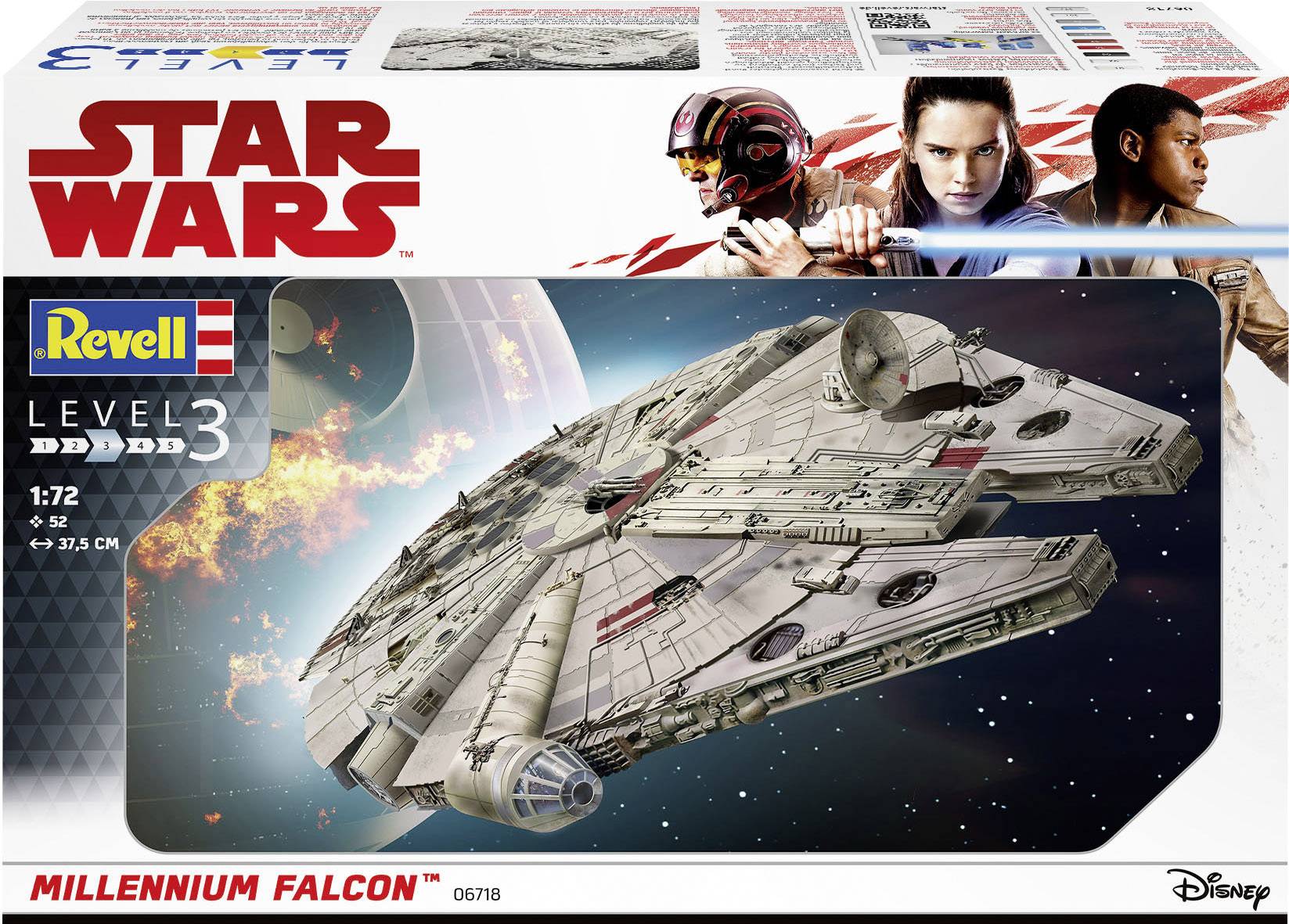 Byggsats för Millennium Falcon från Revell, Nivå 3, skala 1:72, inspirerad av Star Wars, med bilder av filmfigurer.