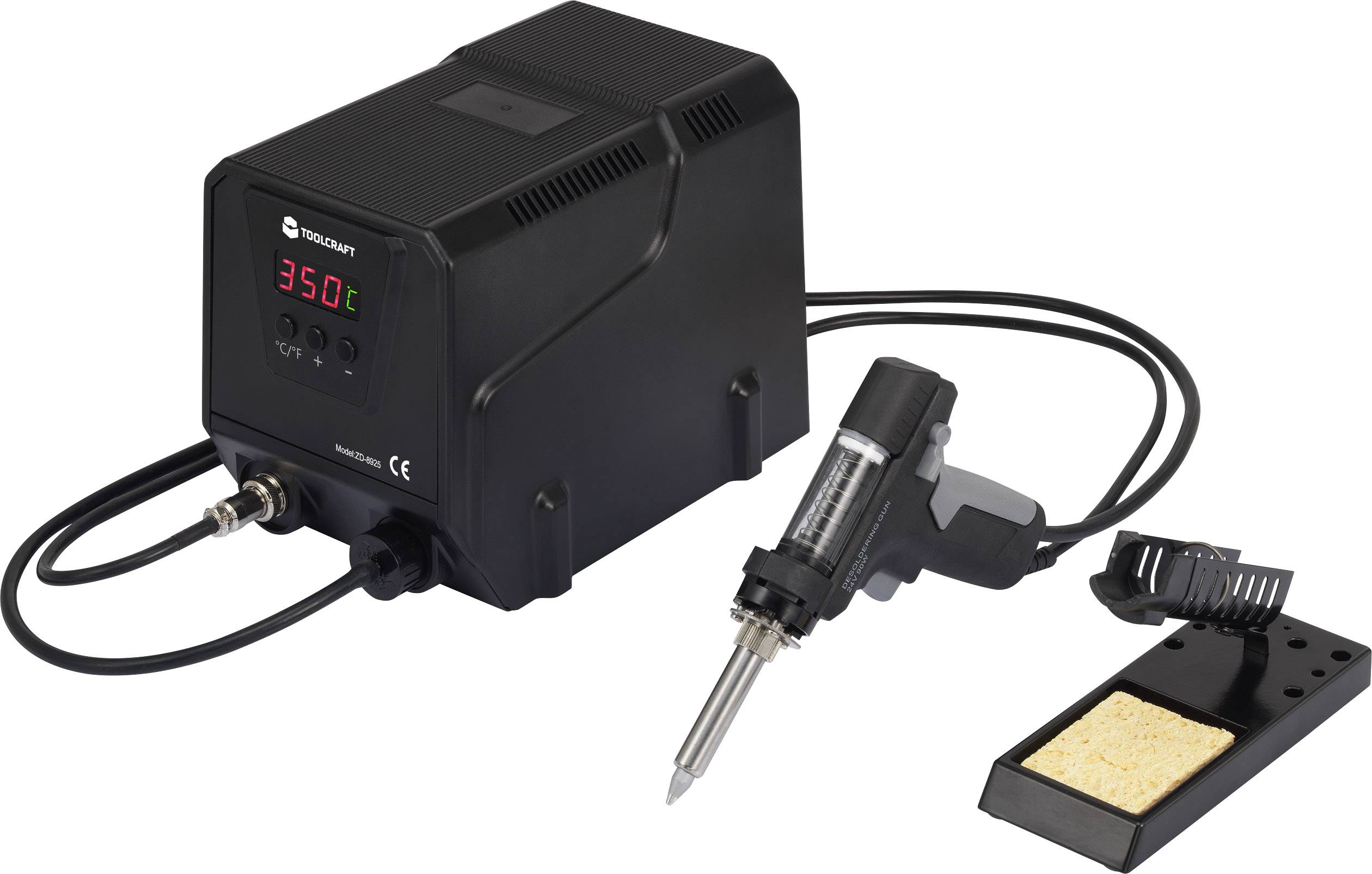 Lödstation med digital temperaturvisning visar 350 grader. Innehåller lödpistol, avställningsyta och rengöringssvamp. Perfekt för elektronikarbeten.