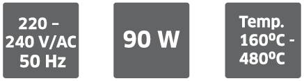 Tre rektangulära etiketter: '220-240 V/AC 50 Hz', '90 W', 'Temp. 160°C-480°C'. Visar tekniska specifikationer för en enhet.