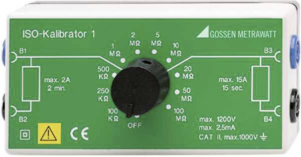 'ISO-Kalibrator 1' visar en grön kalibreringsenheter med ett centralt vred för val av olika resistansvärden upp till 100 MΩ.