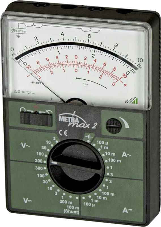 Analogt multimeter med nålindikator, visar spänning och strömstyrka. Vridbar omkopplare för olika mätområden, skala från 0 till 300V.