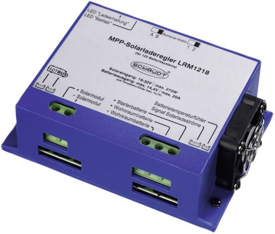 En MPP-solarladdningsregulator LRM1218 för husvagnar. Visar LED-indikatorer för laddningsstatus och batteri. Lämplig för 12V-batterier.