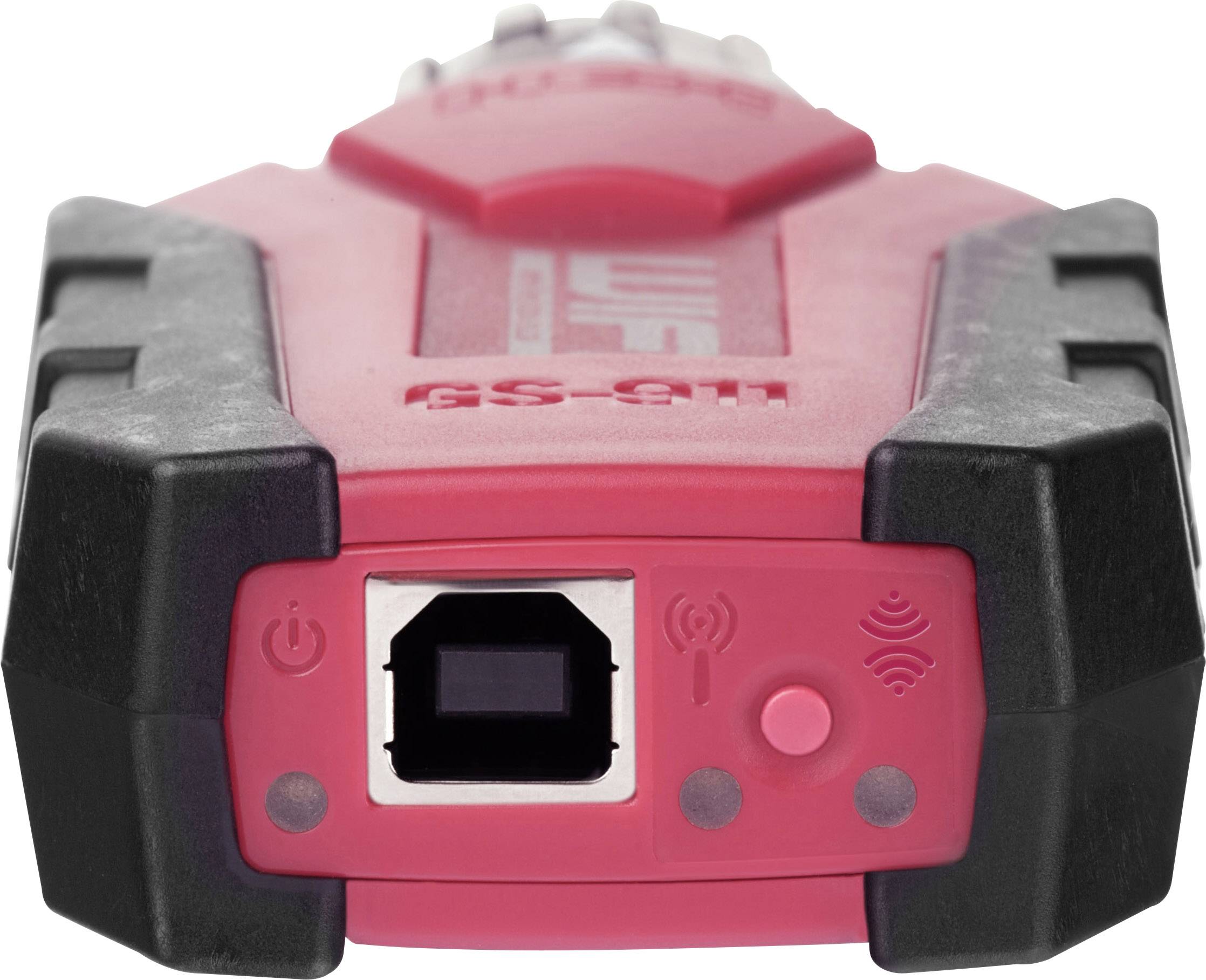 Röd nätverkskabeltestare med svart och grå kant. Visar anslutningsportar och symboler för ström och Wi-Fi på framsidan.