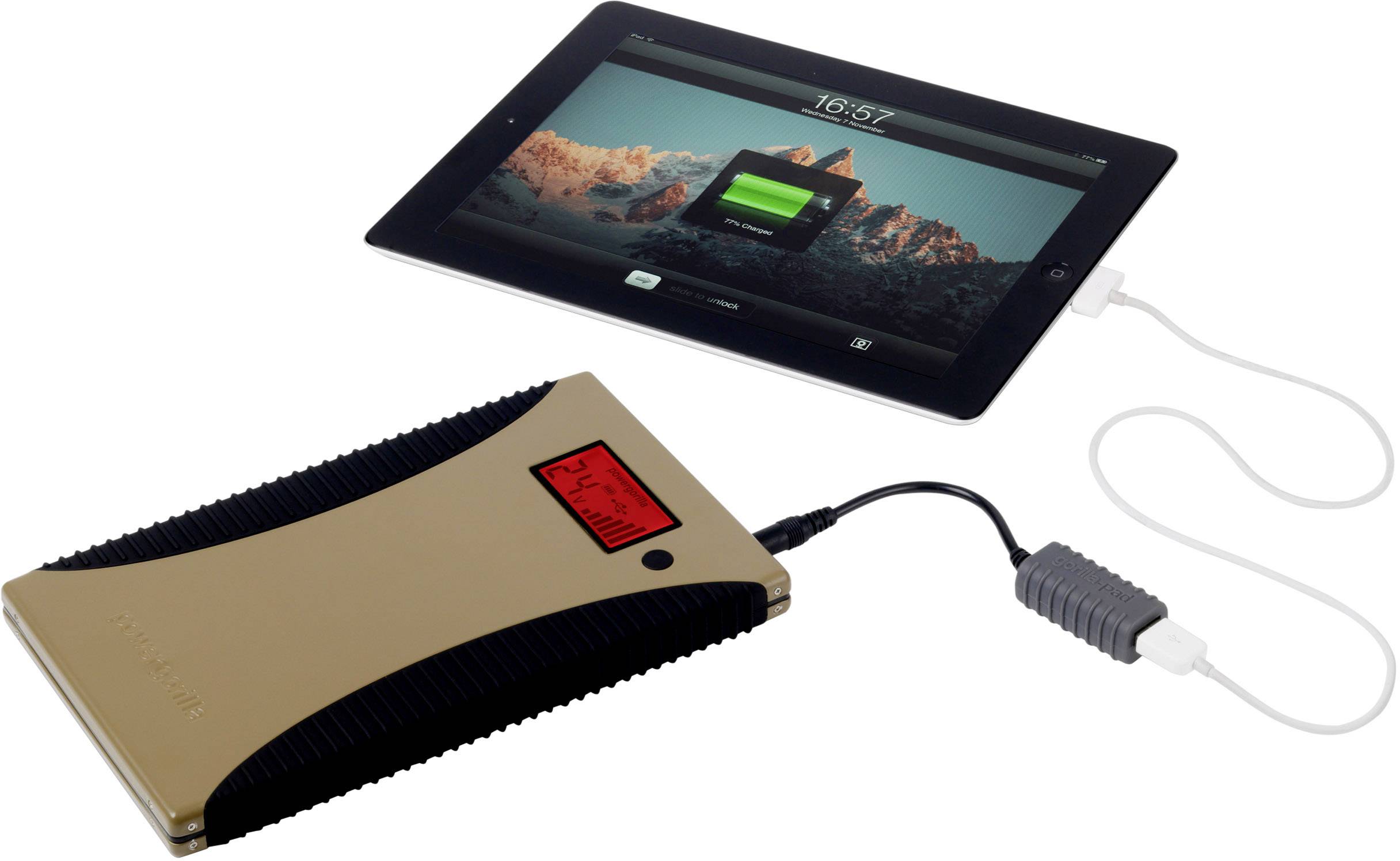 En surfplatta laddas från en powerbank. Surfplattan visar en laddningsskärm, och powerbankens display har en röd indikator.
