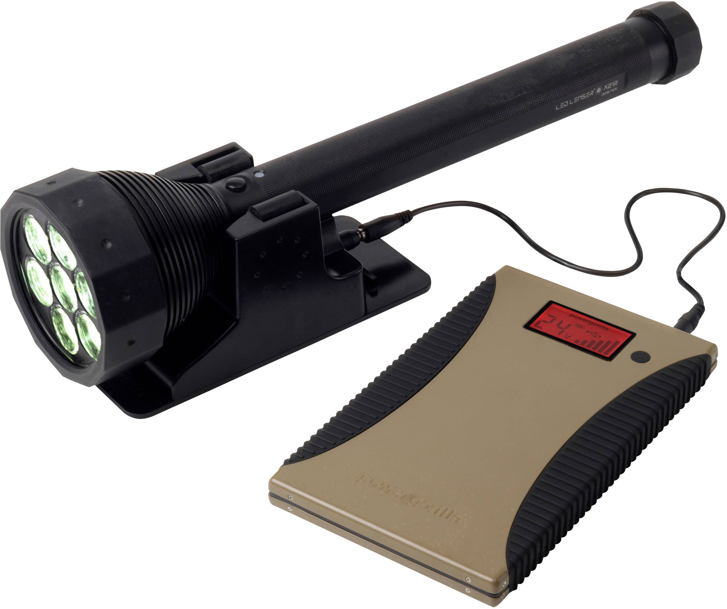 En svart ficklampa med flera LED-lampor är ansluten till ett externt batteri som visar en digitalskärm.