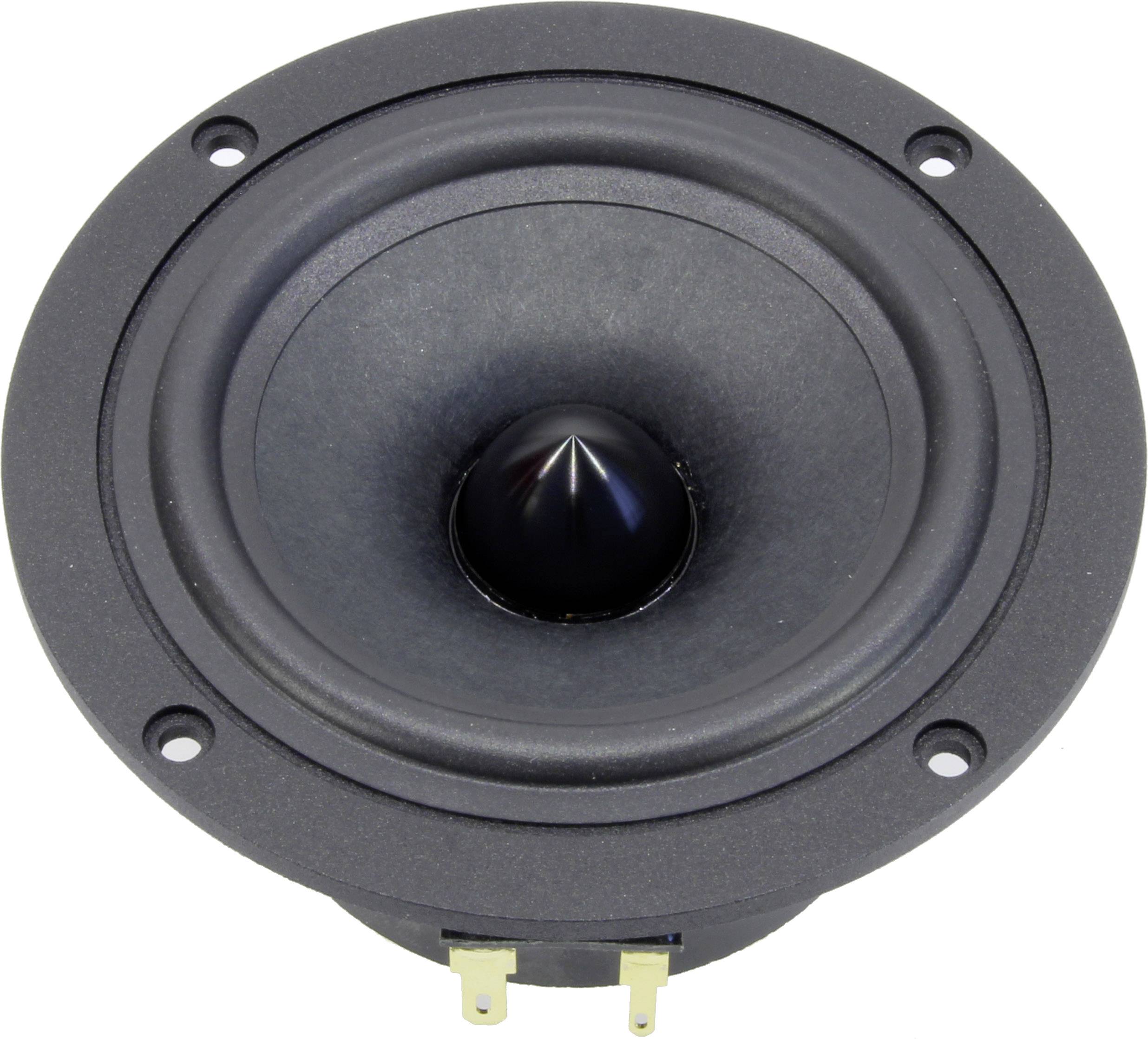 En svart högtalare med runt hölje och metallkon, sedd uppifrån. Lämplig för audiosystem eller DIY-projekt.