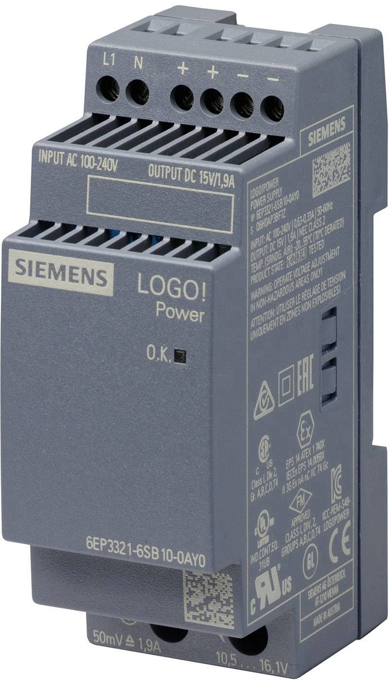 Industriell styrenhet märkt 'SIEMENS LOGO! Power'. Ingångar: AC 100-240V. Utgångar: DC 15V/1,9A.