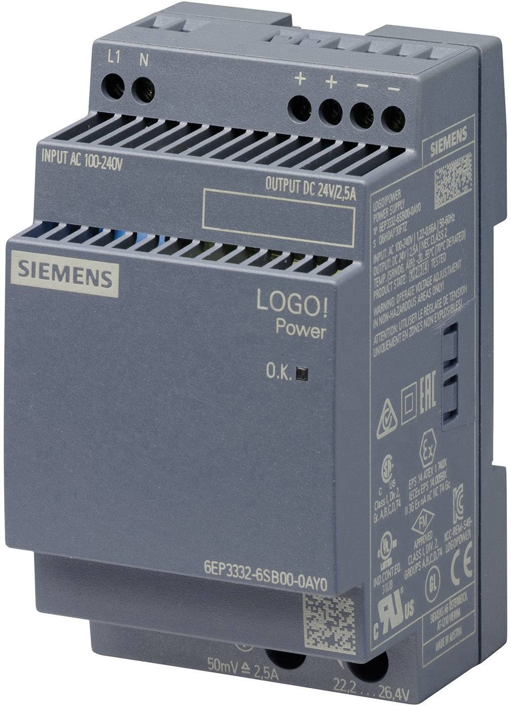Ett Siemens LOGO! strömförsörjningsaggregat för strömförsörjning, med ingångar på 100-240V AC och utgångar på 24V/2,5A DC.