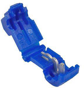 Blå elektrisk snabbkontakt, öppen, visar inre metallkontakter, används för snabb anslutning av trådar.