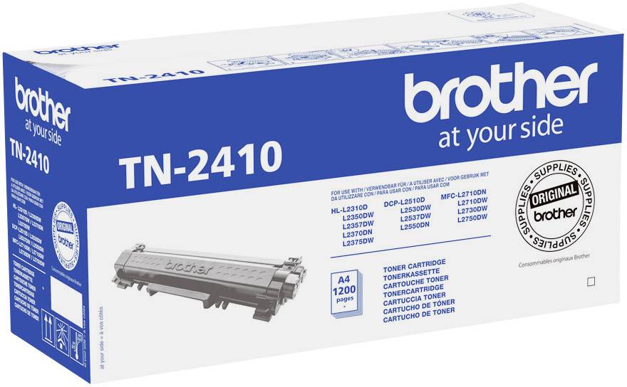 Brodern TN-2410 Tonerbox i blått och vitt med en bild av tonerkassetten på vänster sida, lämplig för olika skrivarmodeller.