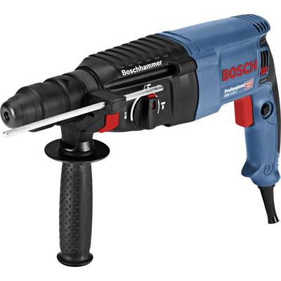 Borrmaskin i blått och svart med röd strömbrytare och handtag. Märkt med 'Boschhammer' och 'BOSCH Professional'.
