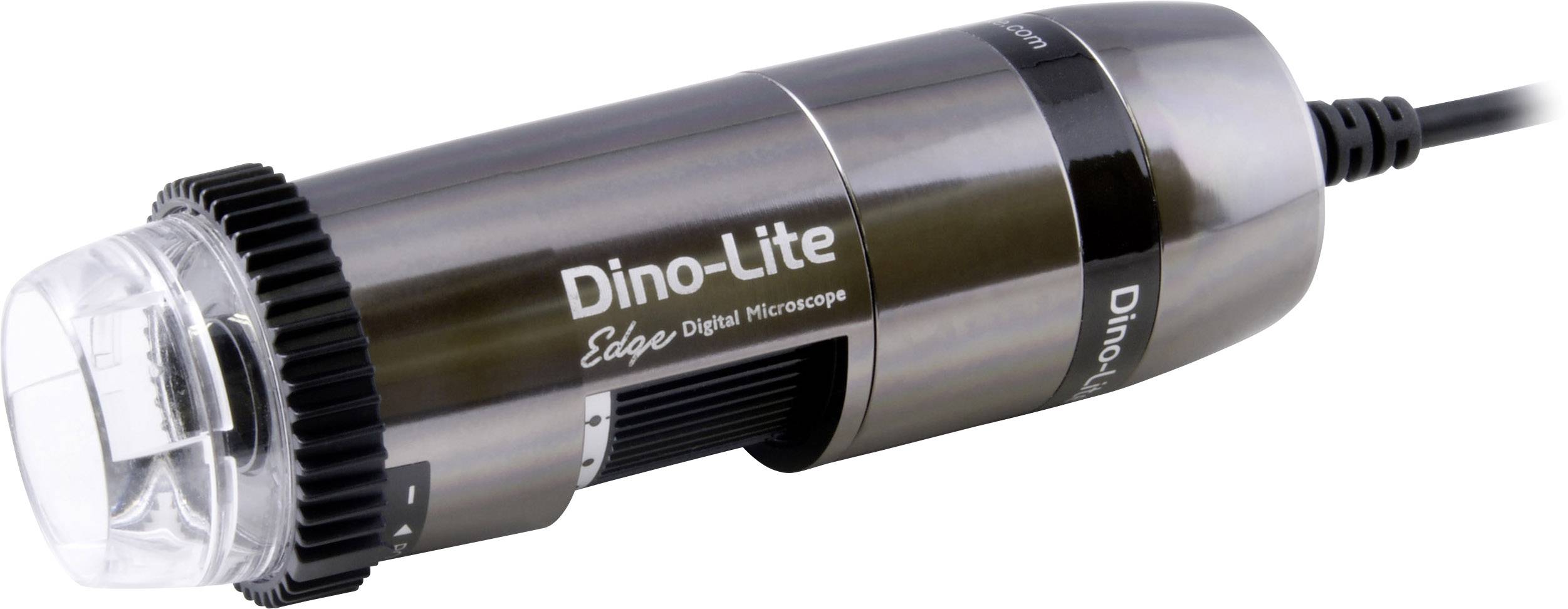 Ett hanterbart, cylinderformat digitalmikroskop med texten 'Dino-Lite Edge Digital Microscope', anslutet via en kabel.