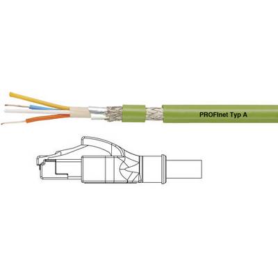 Illustration av en öppen PROFINET Typ A-kabel med färgade trådar och ett tekniskt diagram av en kontakt.