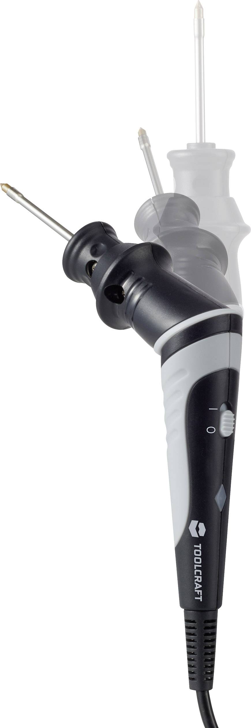 En lödkolv med ergonomiskt handtag och steglös temperaturreglering, avbildad i en stiliserad, lätt transparent rörelse.