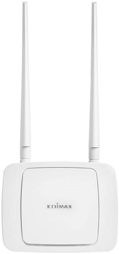 En vit WLAN-router med två antenner, märke Edimax.