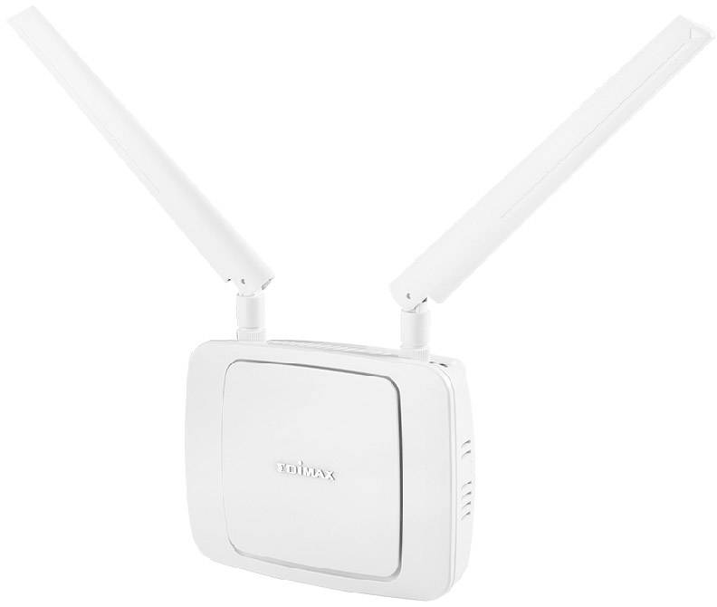 Vit WLAN-router med två antennerna riktade uppåt och utåt. Varumärket 'Edimax' synligt på framsidan.