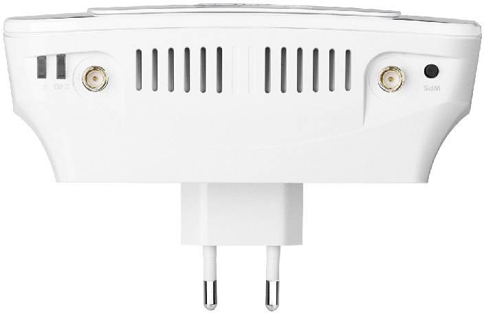 En vit elektrisk adapter med två kontakter, ventilationsspringor och anslutningar, möjligen avsedd för satellitmottagning.