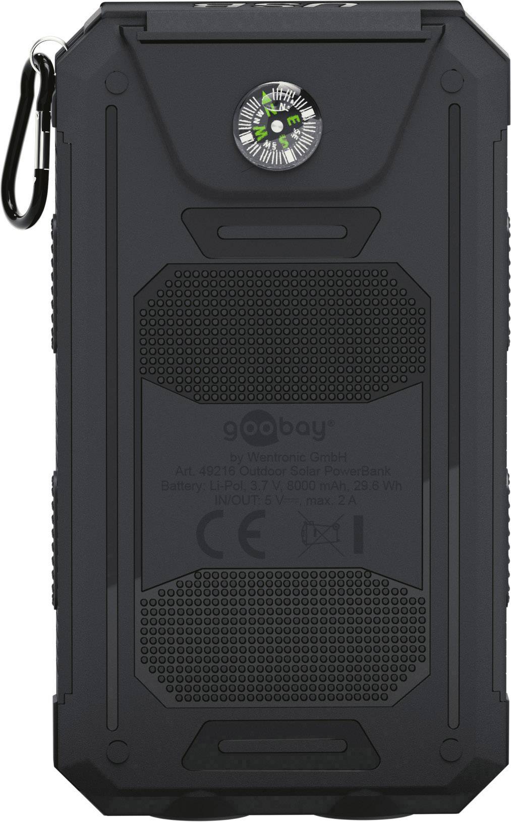 Svart powerbank med inbyggd kompass. Text visar: 'Goobay', kapacitet 6.000 mAh, med USB-utgång, lämplig för utomhusbruk.