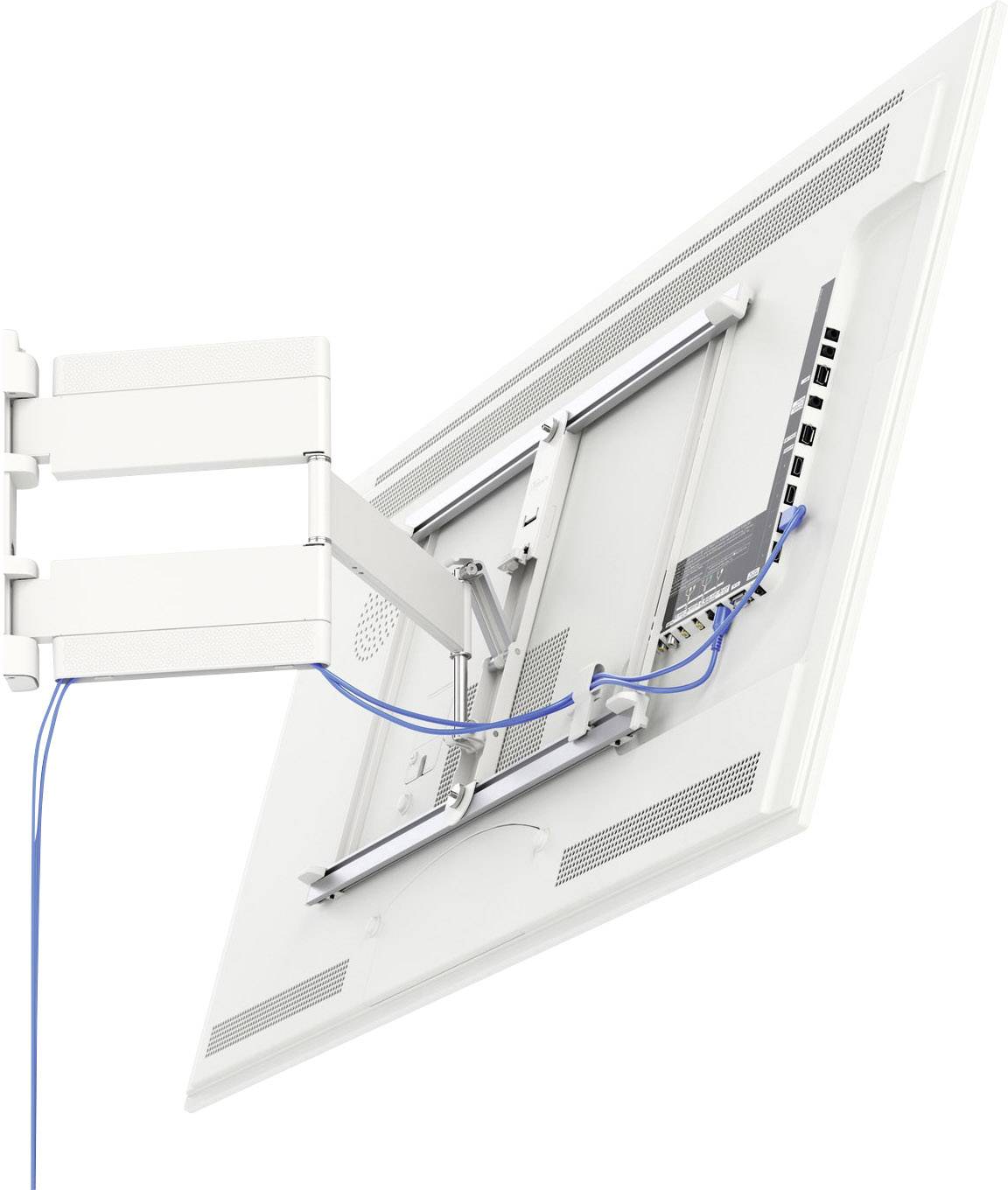 Baksidan av en skärm med kabelanslutningar och en justerbar väggfäste. Visar anslutningmöjligheter och flexibel design.