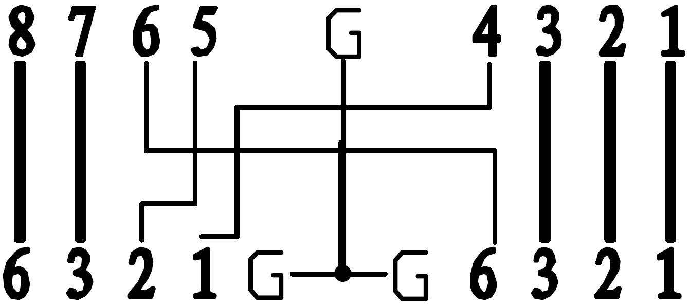 Diagram över ett manuellt växelschema med sex växlar och backväxel, framställt i traditionell H-layout.