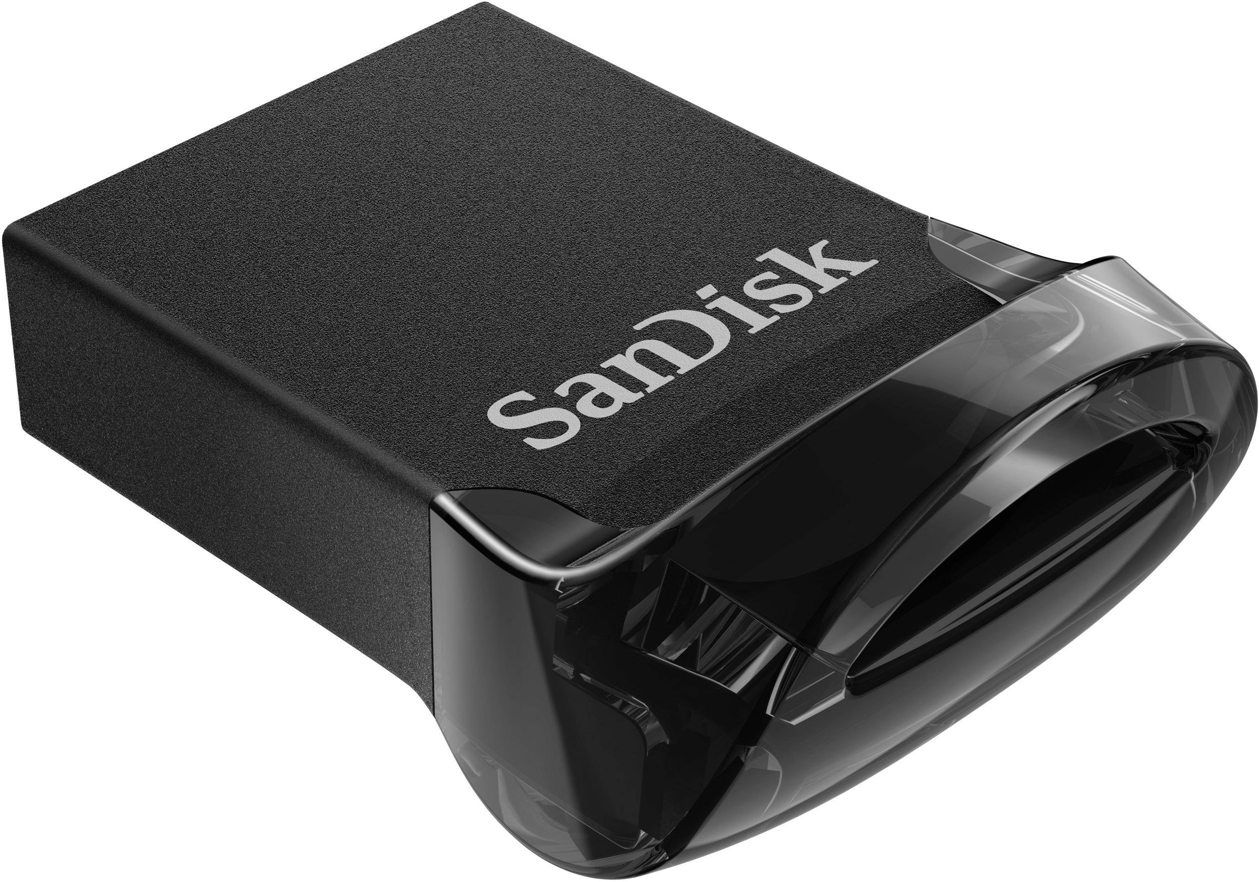 Svart SanDisk USB-sticka med rundad design, svart hölje och transparent anslutning.