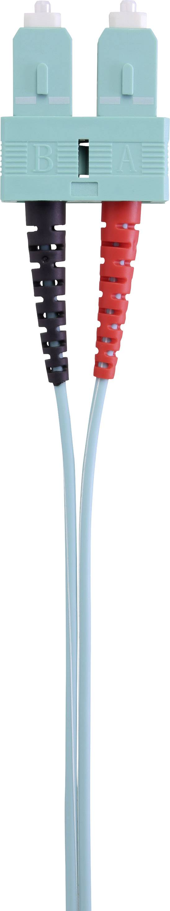 Optisk fiberkabel med två kontakter, en blå och en röd. Kontakterna är gröna och märkta med 'A' och 'B'.