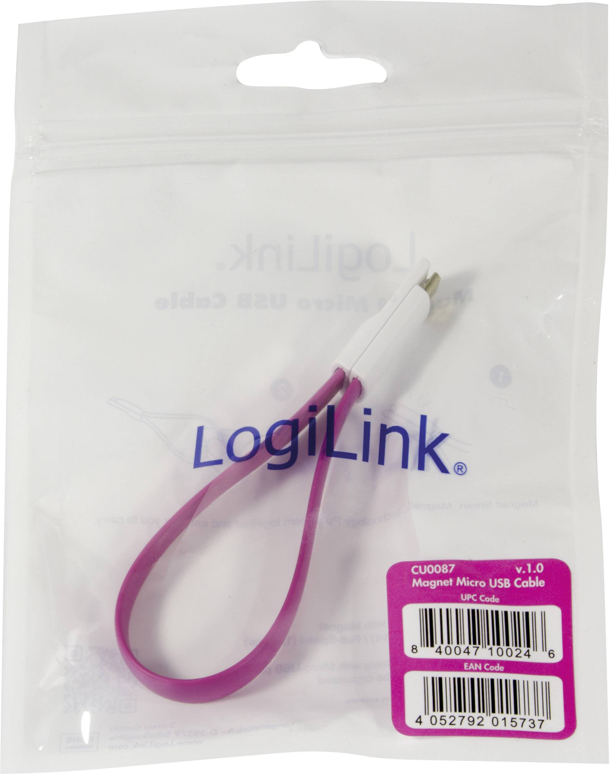 Påse med LogiLink Magnet Micro USB-kabel, modellnummer CU0087, version 1.0, i rosa. Förpackad i transparent plastpåse.