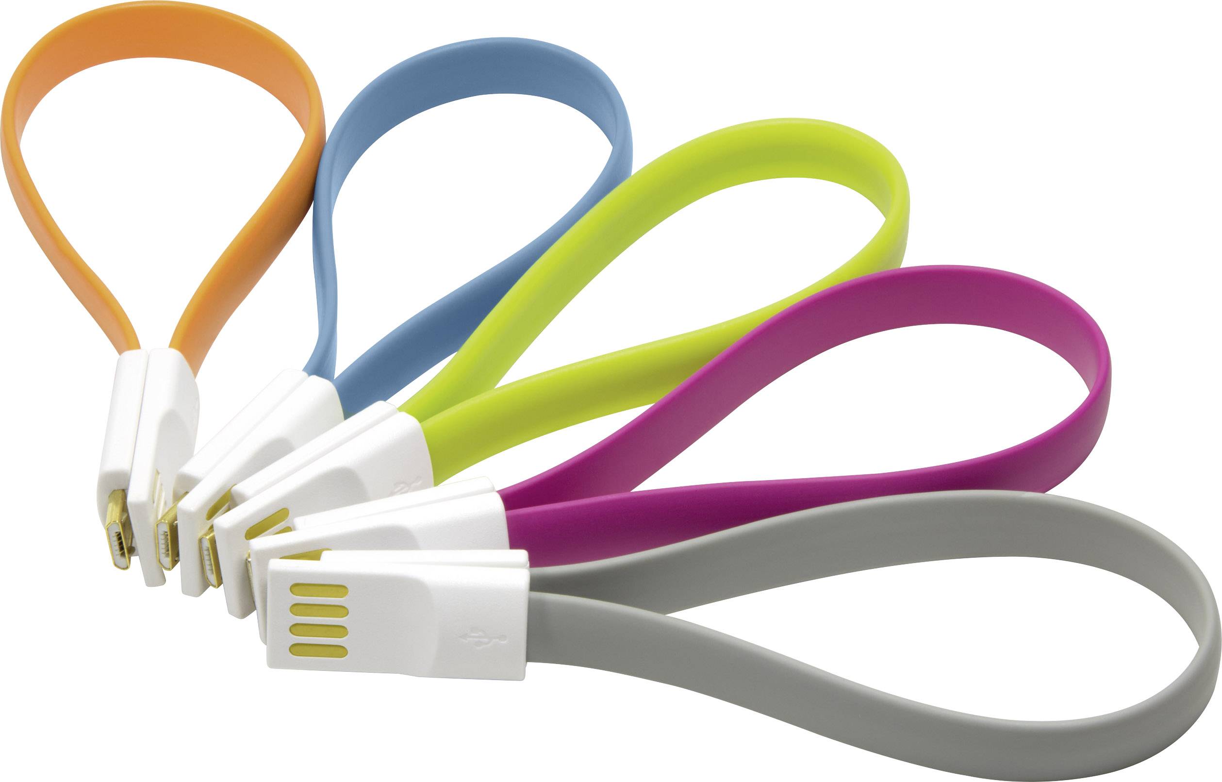 Fem färgglada USB-laddningskablar i slingform på vit bakgrund: orange, blå, grön, rosa, grå.
