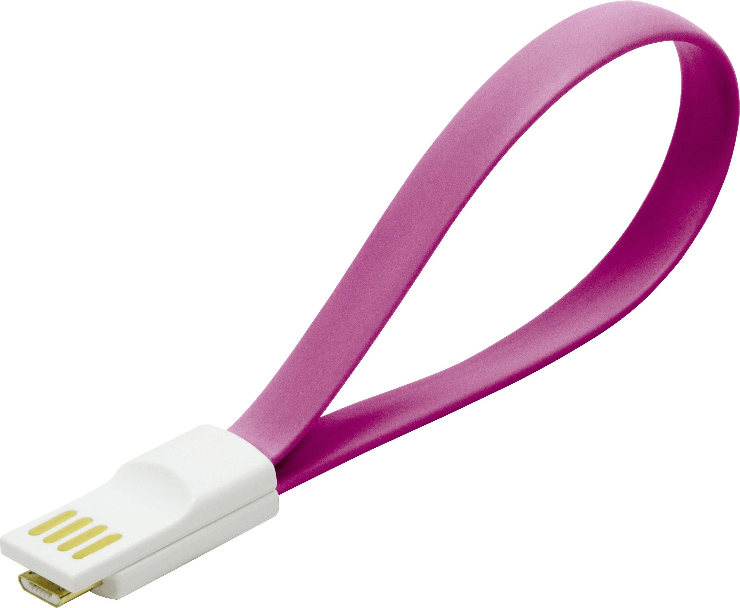 Ett rosa USB-kabel med slingrig form och vit kontakt ligger på vit bakgrund.