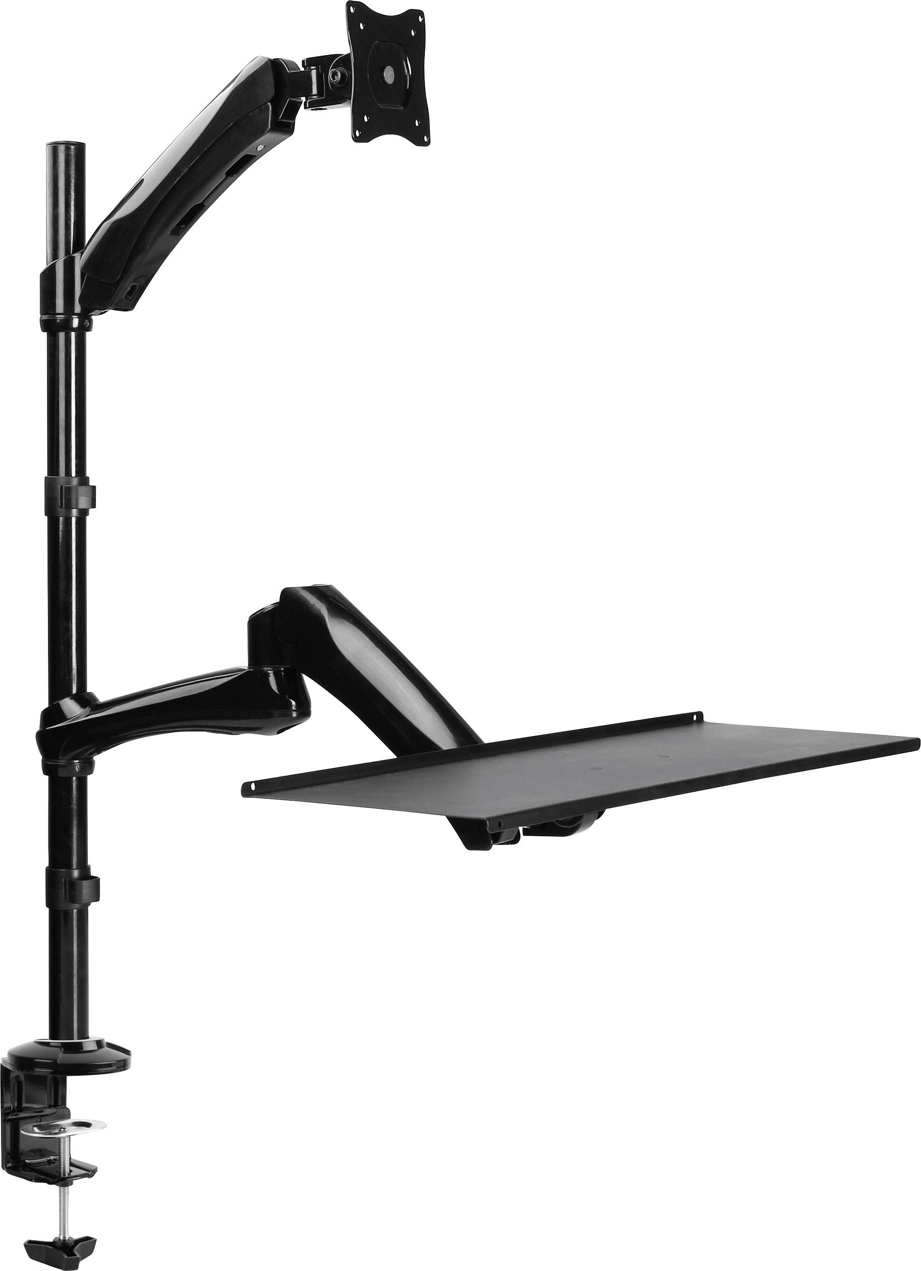 Monitorhållare med arm, klämfäste och hylla för tangentbord eller laptop, lämplig för skrivbord för ergonomisk arbetsutformning.