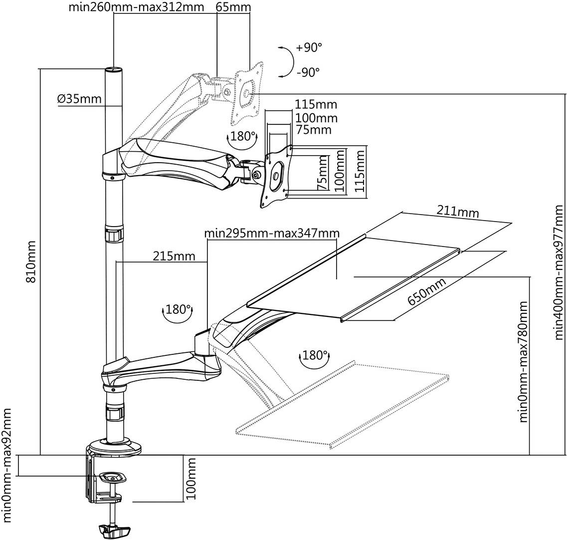 Teknisk ritning av en justerbar monitorarm med mått: Höjd 810 mm, rotationsvinkel 180°, lutning +90°/-90°, justerbar armlängd och höjd.