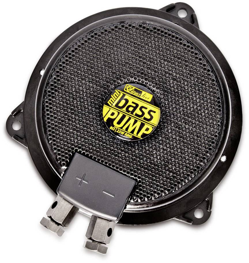 Rund högtalarmodul med svart galler och gul logotyp 'mini bass pump'. Plus- och minuskontakter synliga nedtill.