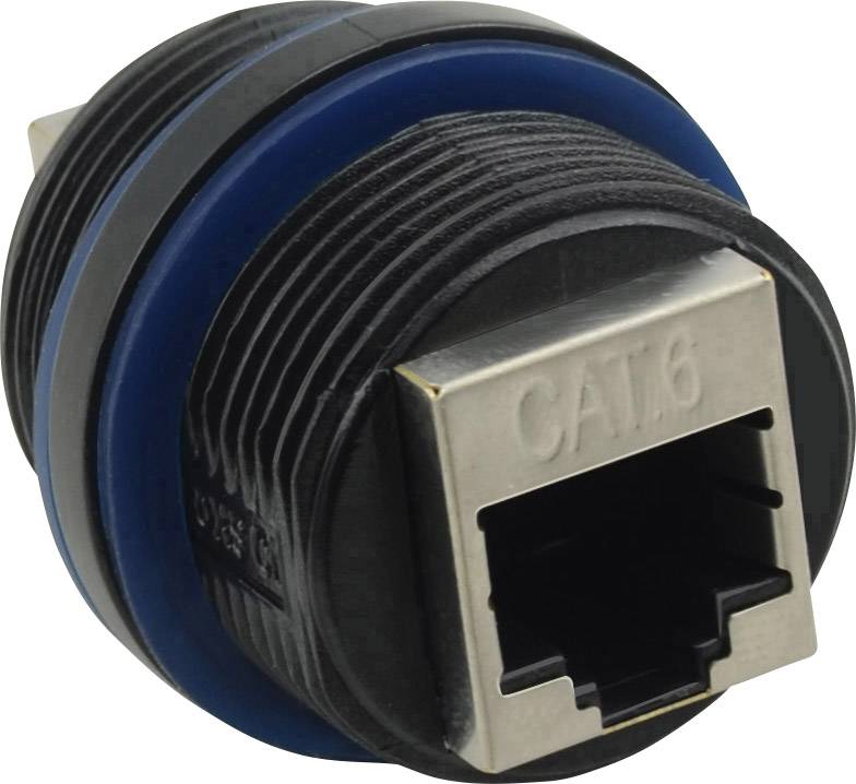 En svart, rund CAT.6-nätverksanslutning som visar Ethernet-porten med tydlig 'CAT.6'-märkning, lämplig för nätverkskablage.