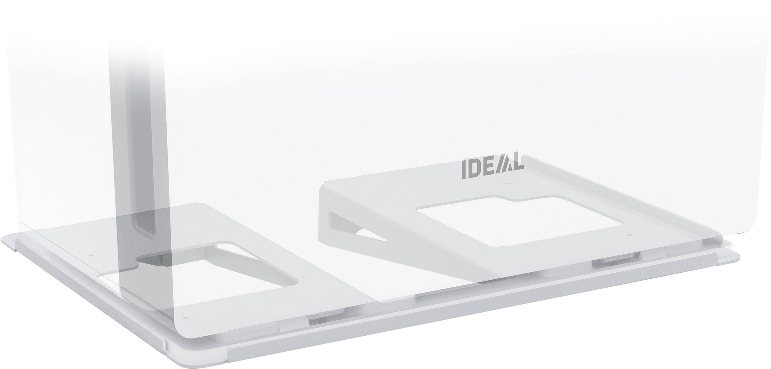Transparent laptopställ med justerbar höjd och lutning. Förbättrar ergonomi och synkomfort. Varumärket 'IDEAL' synligt.