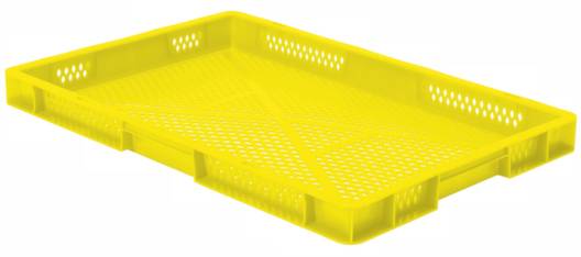 Gul, rektangulär plastkorg med genombruten botten och sidohandtag. Lämplig för lagring eller transport av varor.