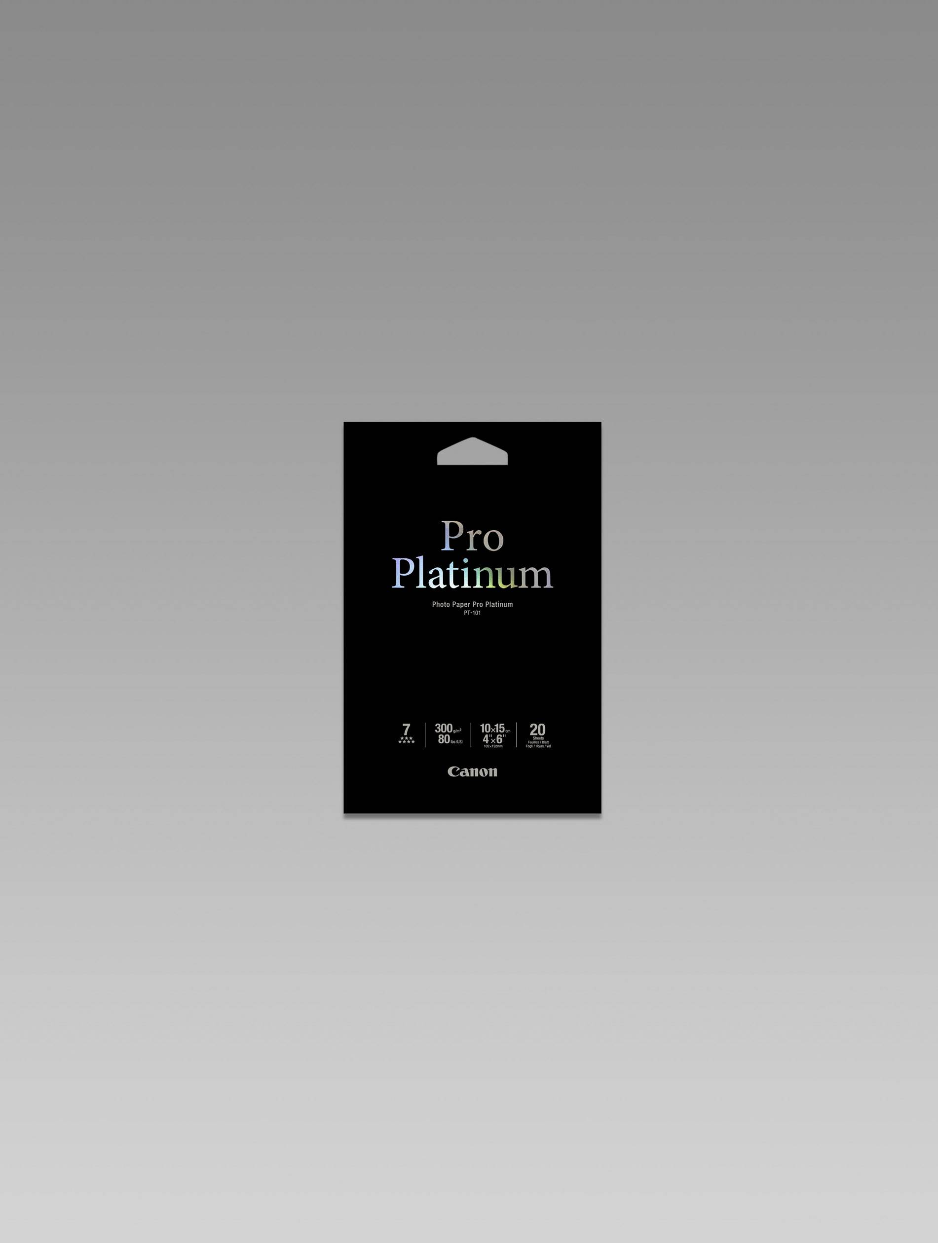 Ett svart paket märkt 'Pro Platinum' för fotopapper, storlek A4, märke Canon. Innehåller 20 ark och är lämpligt för högupplösta utskrifter.
