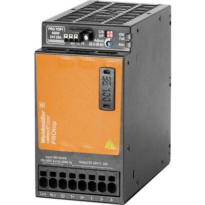 En elektronisk Weidmüller strömförsörjningsenhet med påskriften 'PROtop 24V 20A', som visar anslutningsalternativ och LED-indikatorer.