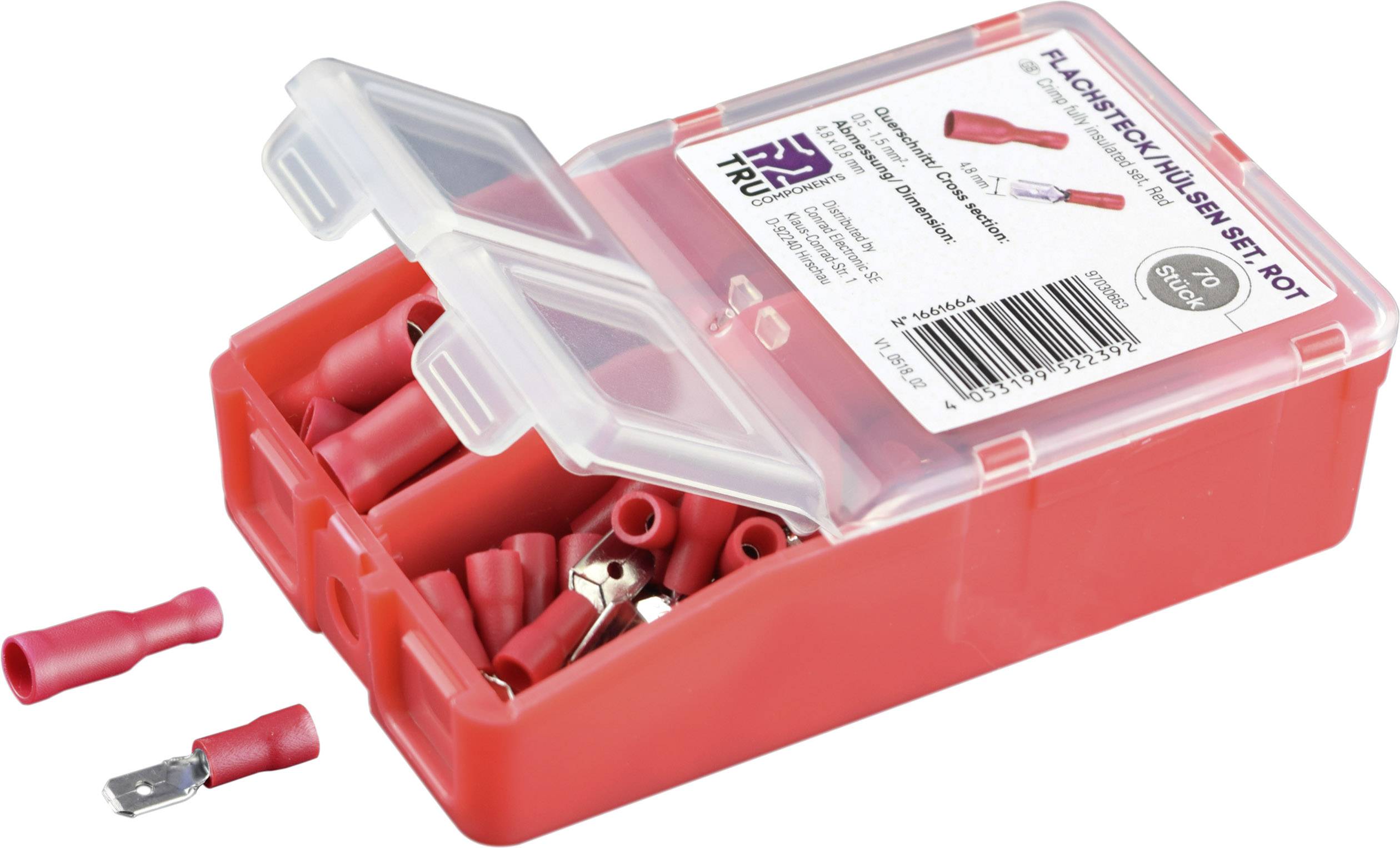 Röd plastlåda med transparent lock, innehåller röda flatstiftshylsor och kontakter. Etikett med teknisk information och streckkod.