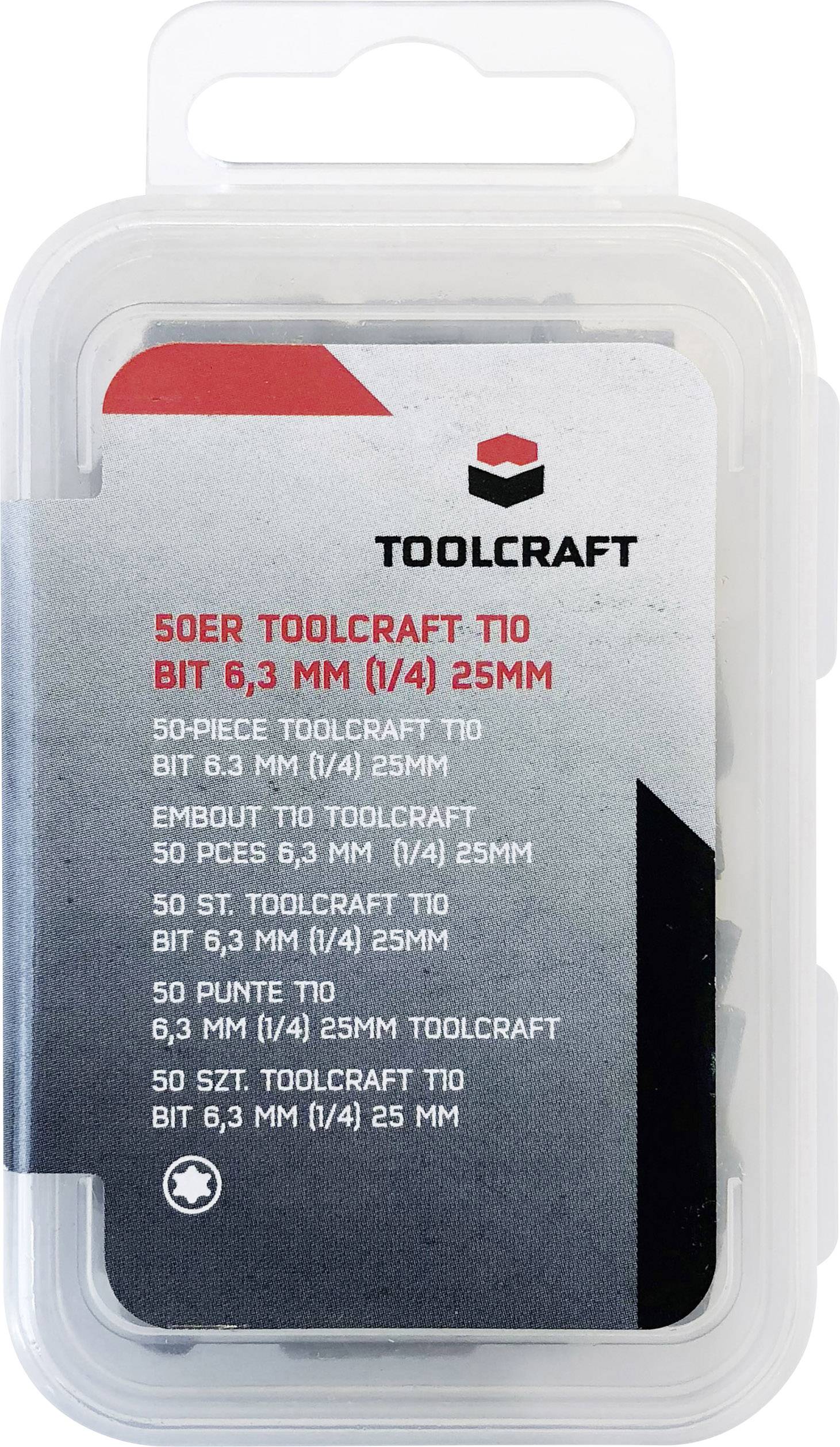 50-delars bits-set från Toolcraft, storlek T10, 6,3 mm (1/4 tum) och 25 mm långa. Förpackade i en transparent plastbox.