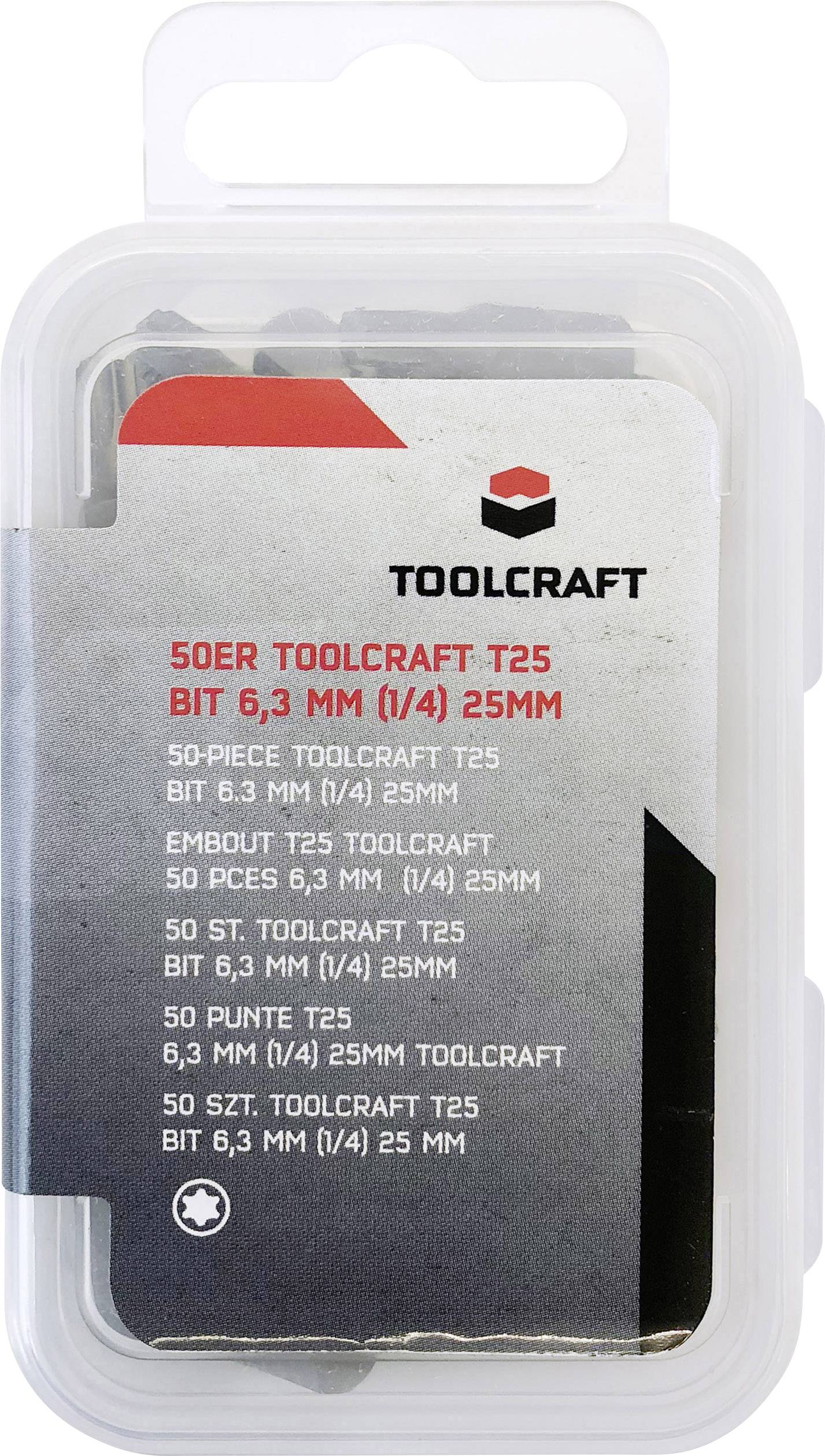 Plastlåda med 50 stycken T25 skruvmejselbitsar från Toolcraft. Bitsar är 6,3 mm (1/4 tum) och 25 mm långa.