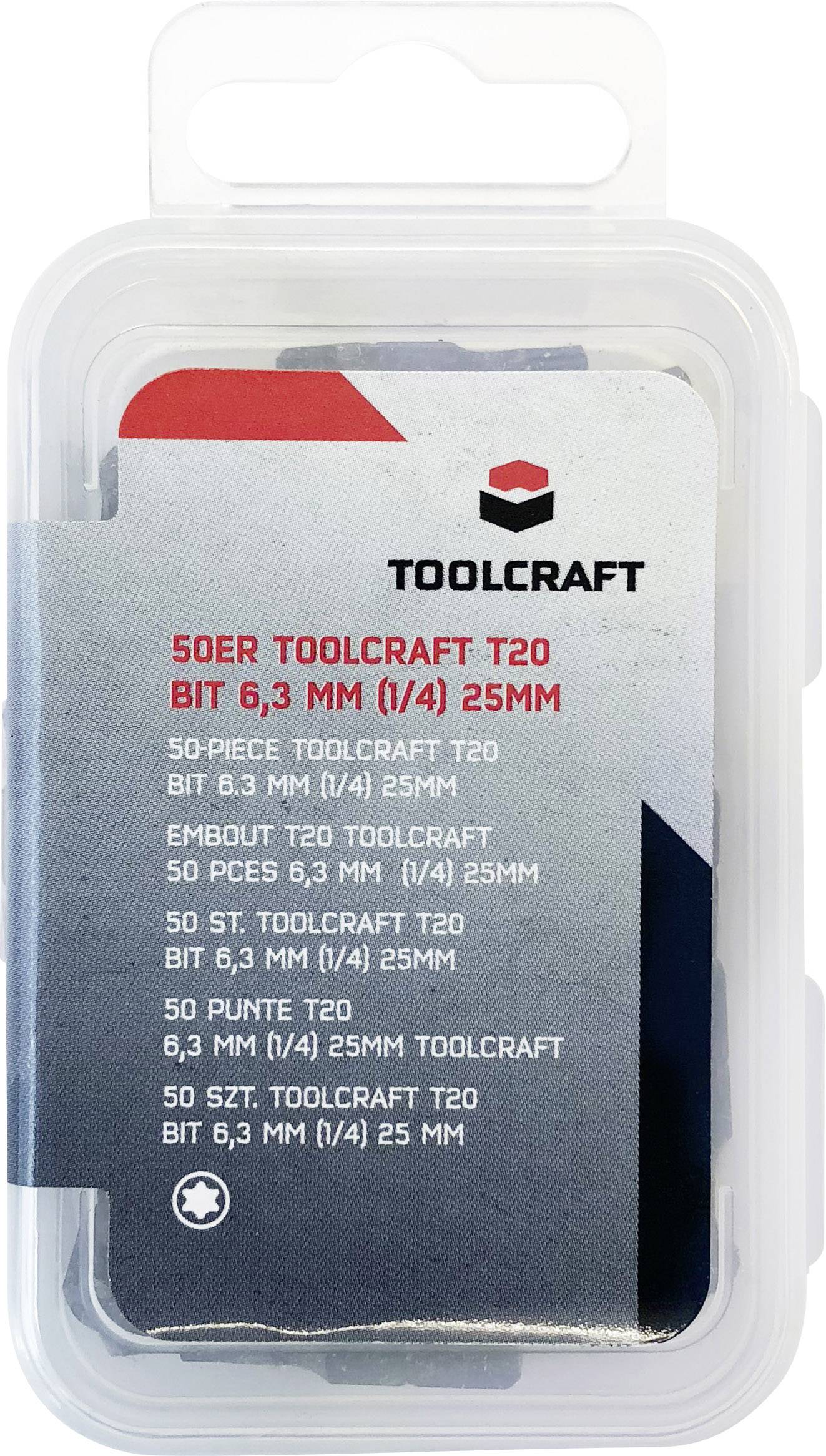 Förpackningen visar en 50-delars Toolcraft T20 bitssats, storlek 6,3 mm (1/4) x 25 mm.