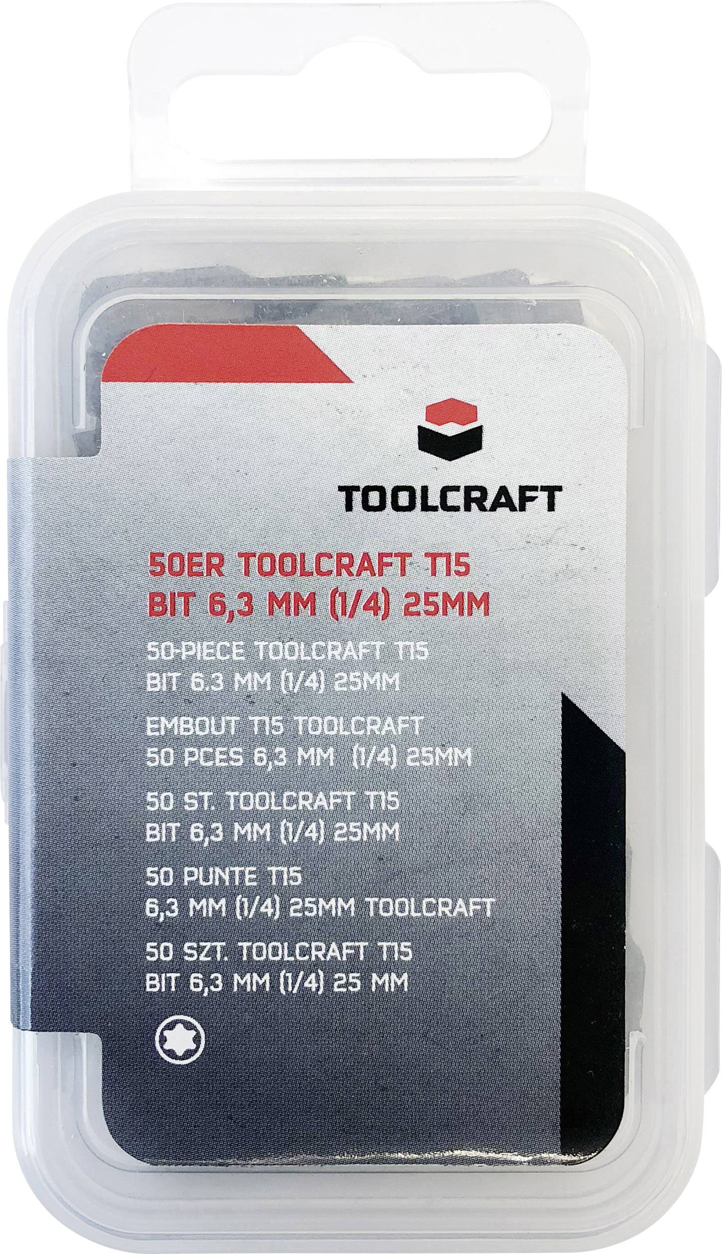 En förpackning med 50 T15 bits från Toolcraft. Bitsen är 6,3 mm (1/4) bred och 25 mm lång, lämplig för skruvmejslar.