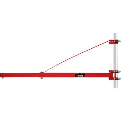 Röd utliggarkonstruktion med justerbar arm, fäst vid ett vertikalt rör och stabiliserad genom en spännanordning.