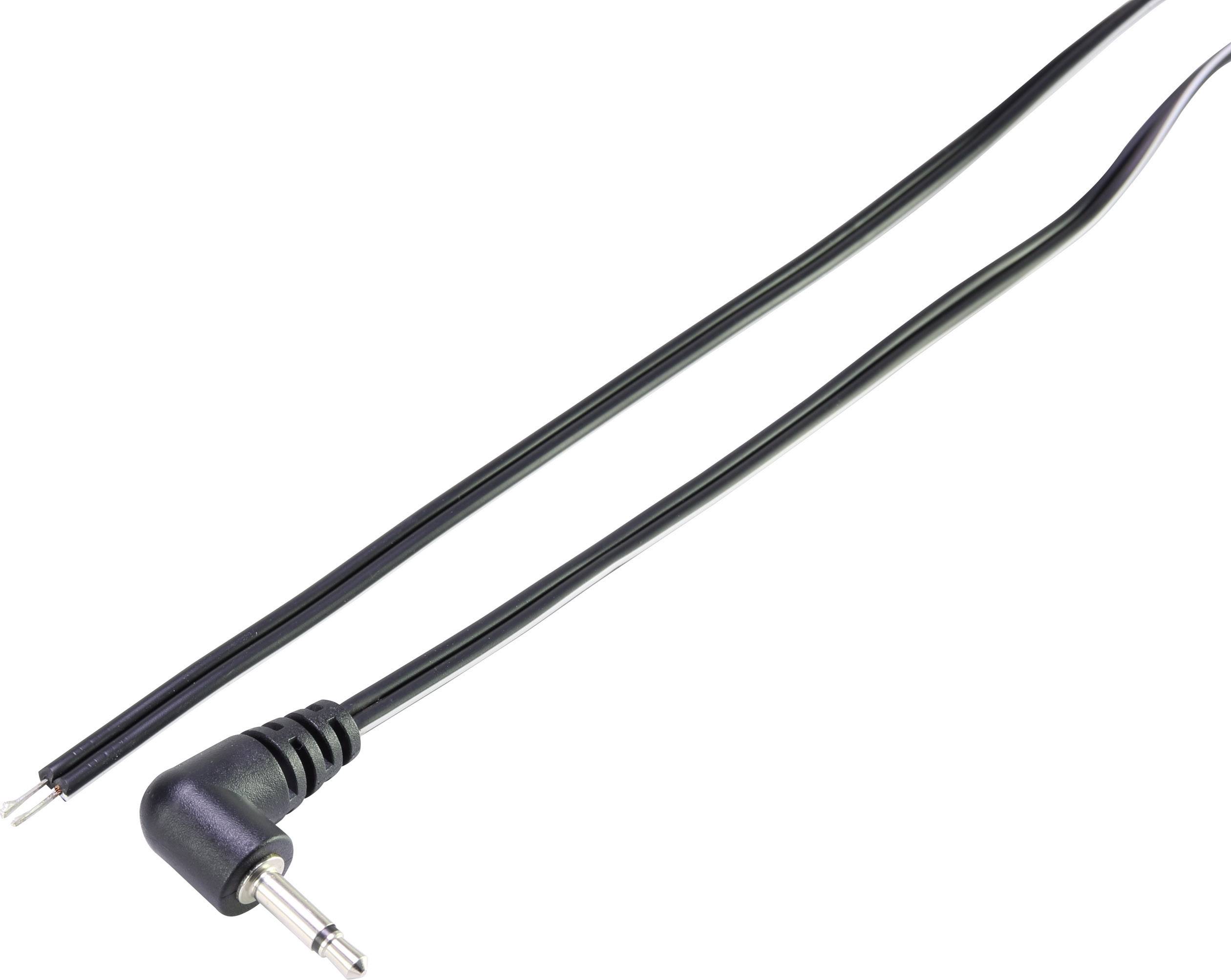 En svart audiokabel med en 3,5 mm vinklad kontakt och två öppna ändar som är förberedda för elektriska anslutningar.