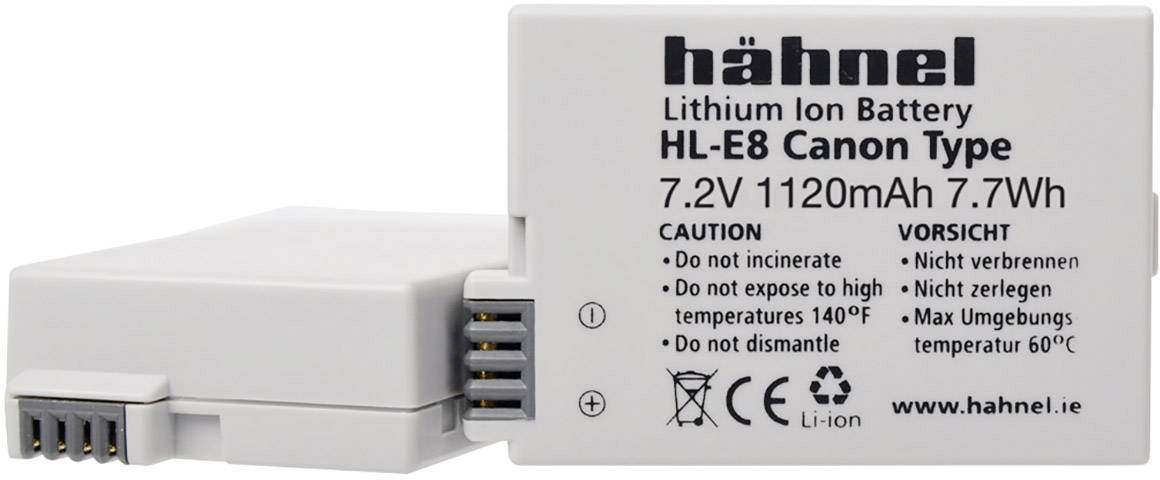 Litiumjonbatteri från Hähnel, typ HL-E8 för Canon, med specifikationer: 7,2V, 1120mAh, 7,7Wh. Varningsanvisningar på engelska och tyska.