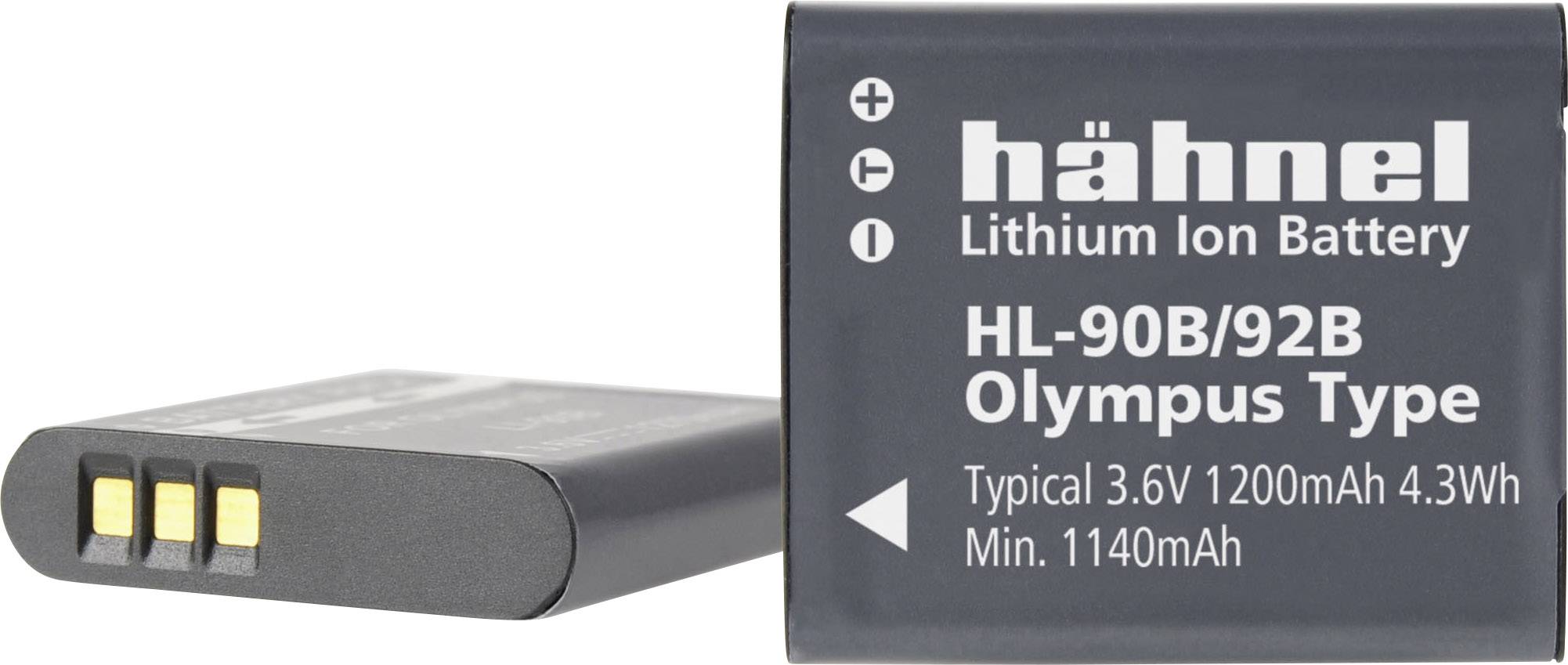 Ett Litium-jon-batteri av märket Hähnel, modell HL-90B/92B, för Olympus-kameror, 3,6V, 1200mAh, 4,3Wh, med tre kontakter.