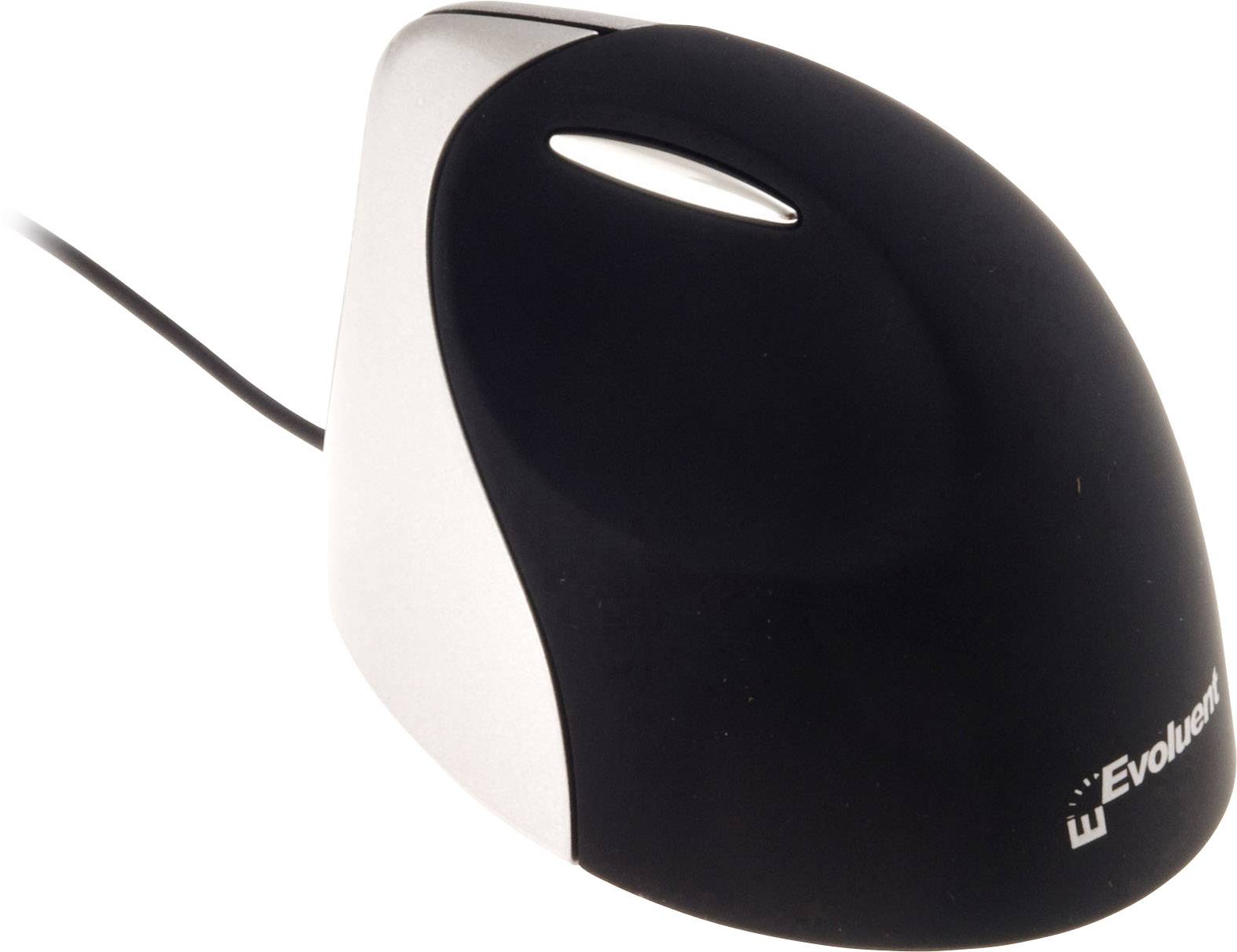 En svart ergonomisk mus med kabel, sidoknappsområde och texten 'Evoluent'.